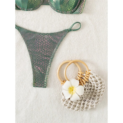 Scalloped Snake Skin Thong Bikini Female Swimsuit Women Swimwear Two-pieces Bikini set Bra Cup Bather Bathing Suit Swim