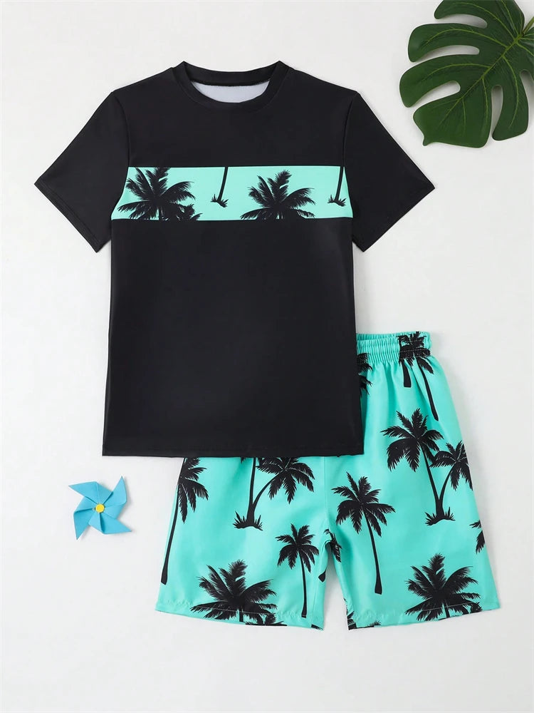Boy Kids Swimsuit Solid Coconut Tree Print Children Swimwear Summer Two Piece Beach Shorts Beach Bathing Suit Swimming