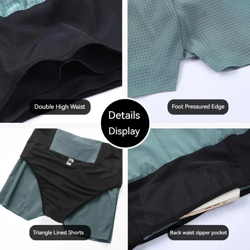 Marathon Running Shorts Men 2 In 1 Quick Dry Workout Training Fitness Jogging Multi-Pocket Man Gym Sport Shorts with Waist Pouch