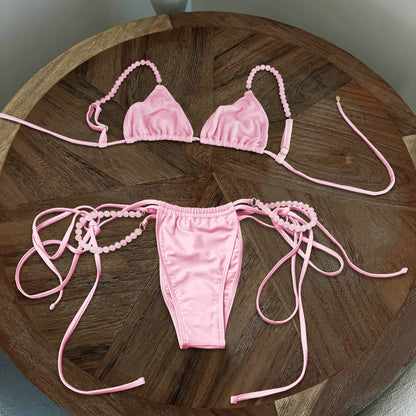 Beads Bikini Women Swimsuit Female Swimwear Micro Bikini Set Bandeau Swimming Suit Beachwear Pink Brazilian Biquini