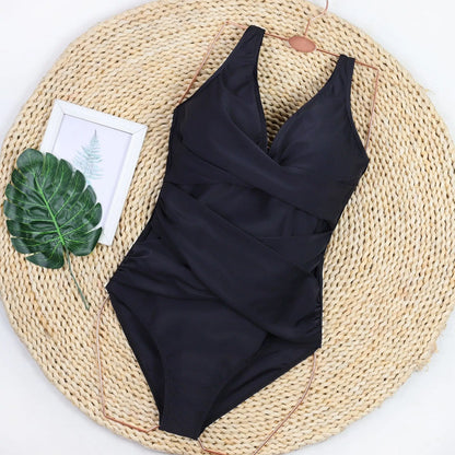 V-Neck Swimsuit Women One Piece Swimwear Solid Beachwear Female Bathing Suit Swimming Swim Bodysuit