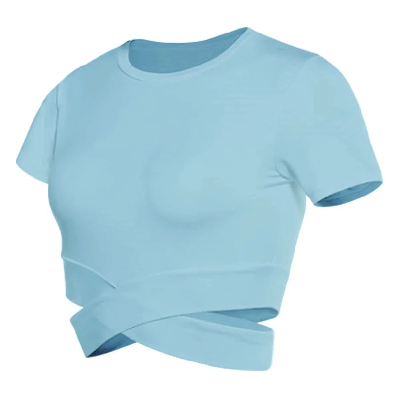 Aiithuug Waist Yoga Short Sleeve Crisscross Waist Breathable Gym Shirts Sports Tops Workout Fitness Crop Top Yoga Top