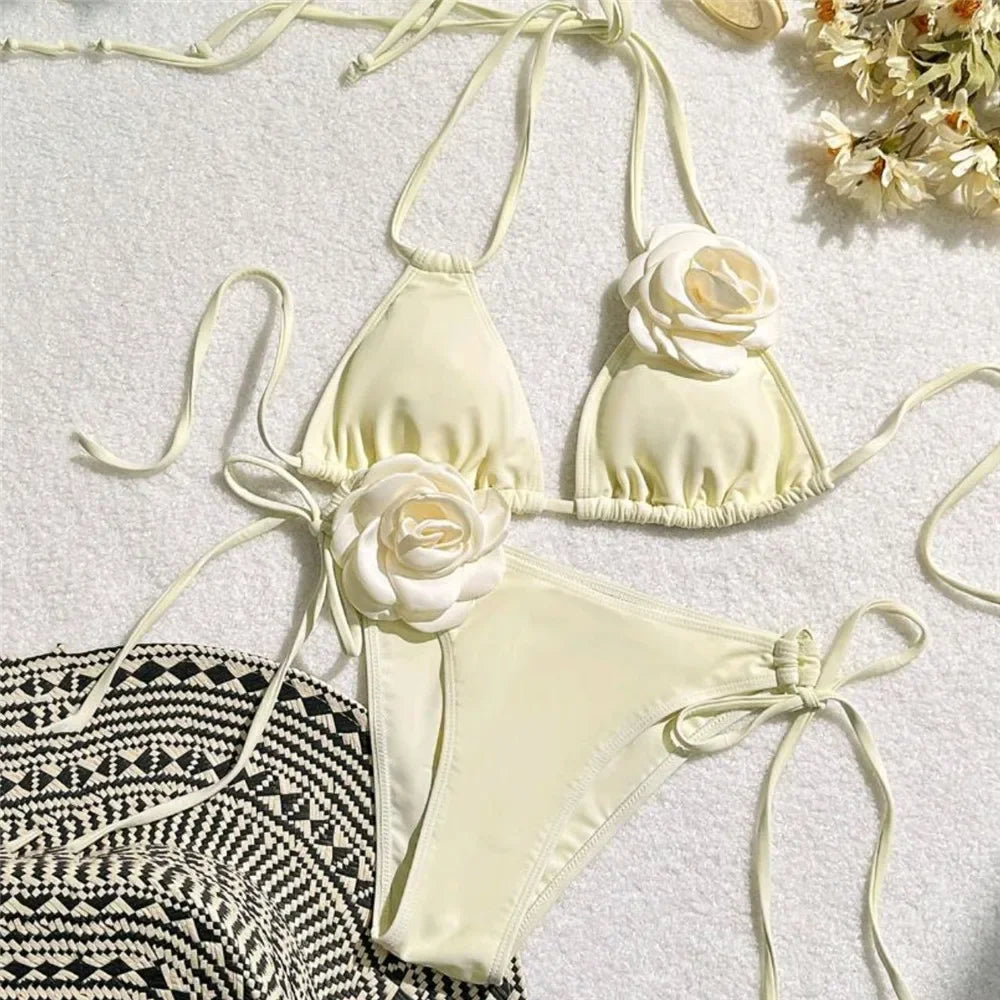 Flower Bandeau Swimwear Thong Bikini Women Lace-up Swimsuits Swimming Bathing Suit Brazilian Bikinis Set