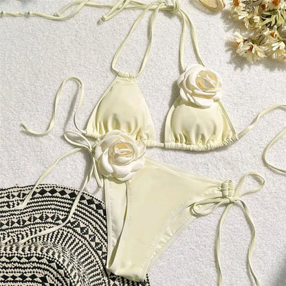 Flower Bandeau Swimwear Thong Bikini Women Lace-up Swimsuits Swimming Bathing Suit Brazilian Bikinis Set
