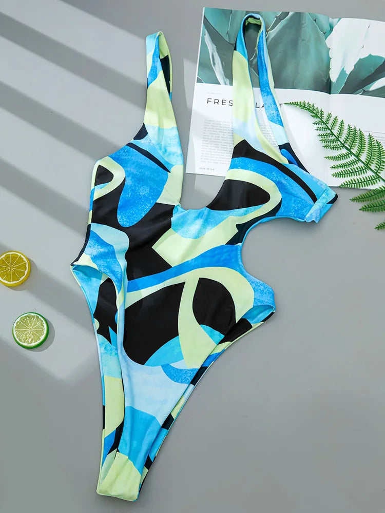 Asymmetric Printed One Shoulder Women Swimwear One Piece Swimsuit Female Backless Monokini High Cut Bathing Suit Swim Bodysuit
