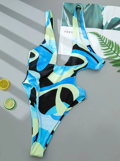 Asymmetric Printed One Shoulder Women Swimwear One Piece Swimsuit Female Backless Monokini High Cut Bathing Suit Swim Bodysuit
