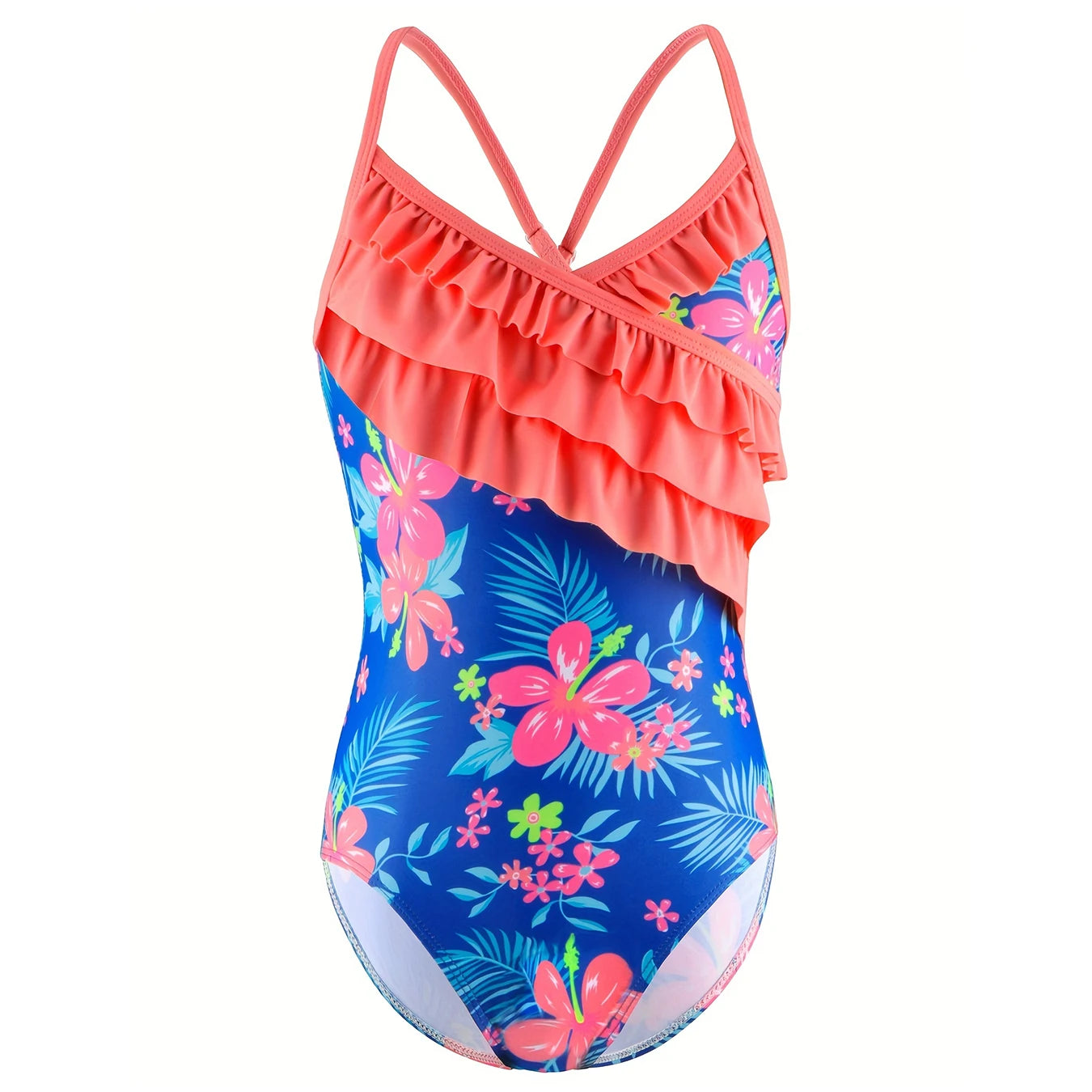 One-Piece Swimsuit Girls Floral Print Asymmetrical Cascading Ruffles Summer Cross Strap Backless Swimwear Bikini-Cut Swim Suit
