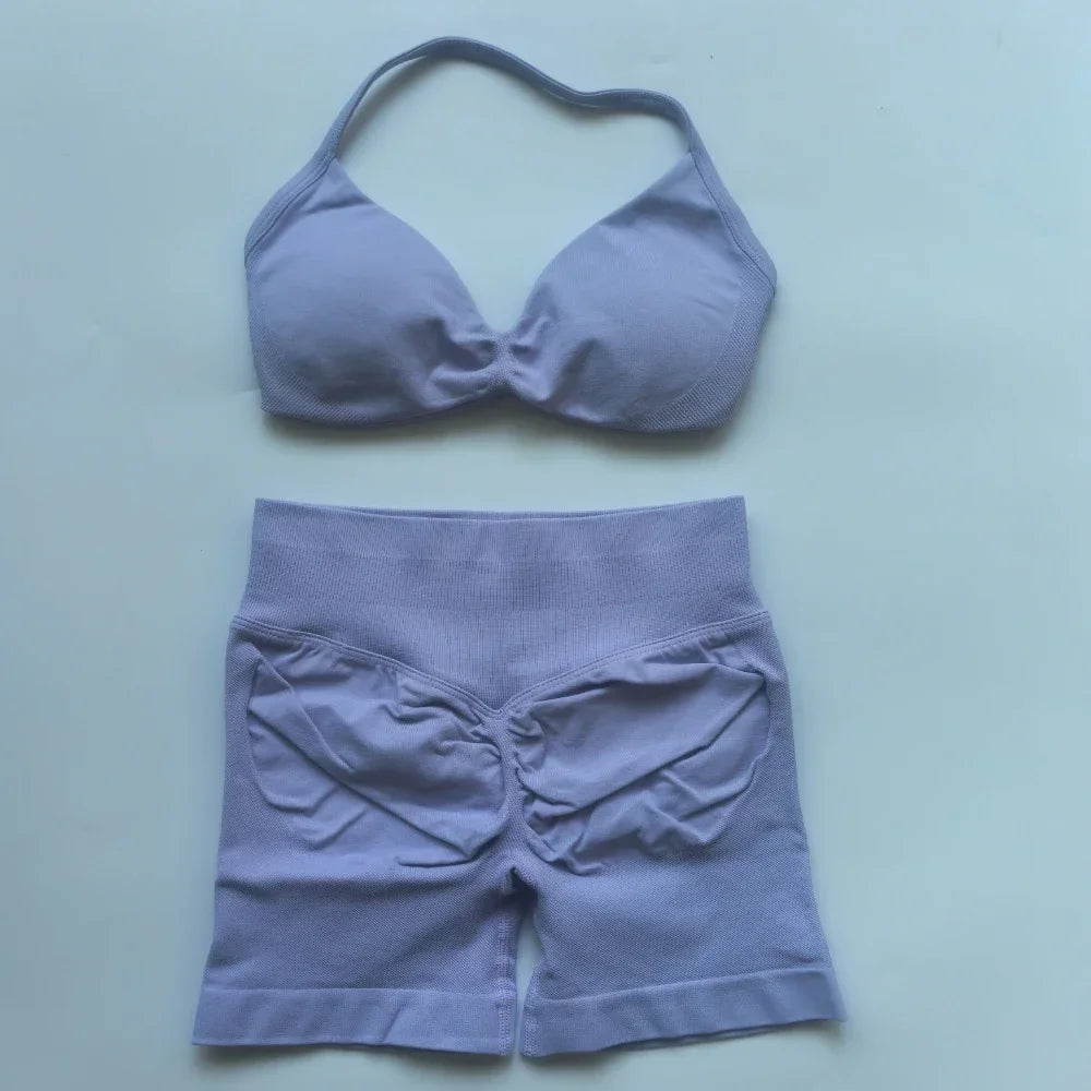 2PCS Gym Set Women Strappy Yoga Bra Top High Waist Workout Scrunch Shorts Sports Suit Seamless Yoga Set Fitness Clothes