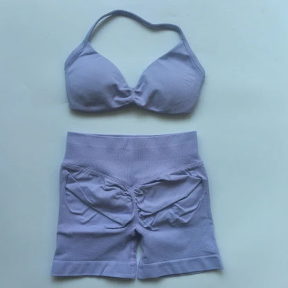 2PCS Gym Set Women Strappy Yoga Bra Top High Waist Workout Scrunch Shorts Sports Suit Seamless Yoga Set Fitness Clothes
