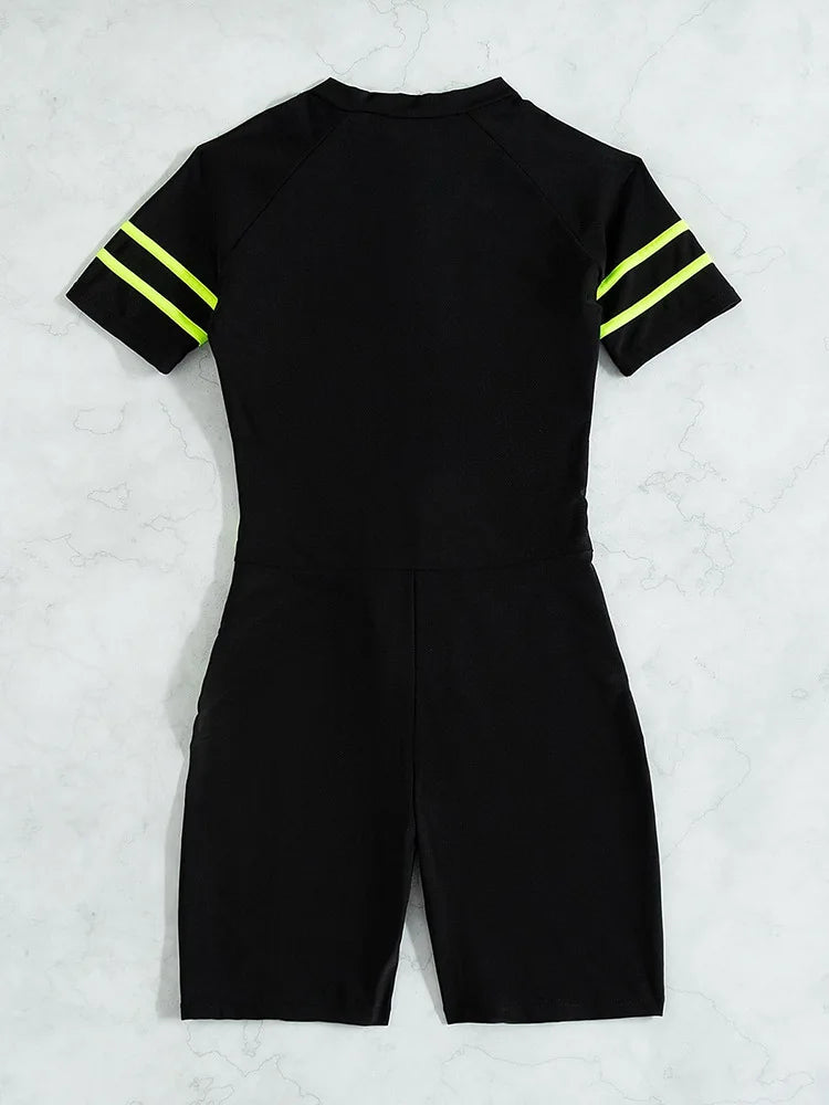 Solid Short Sleeve Swimwear Women Hollow Mesh Push Up One Piece Swimsuit Monokini Summer Beach Bathing Suit