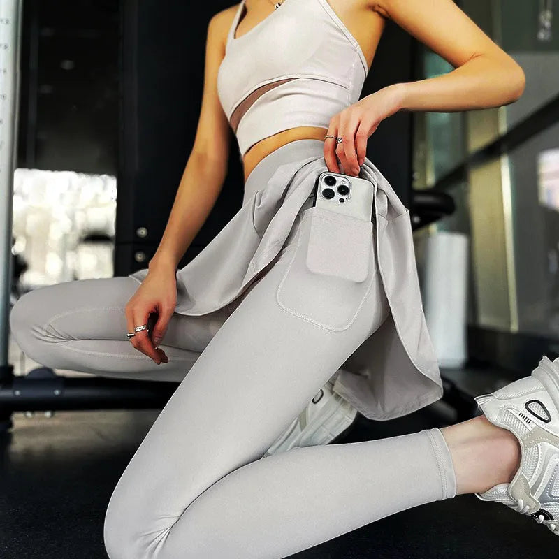 Side Ruched Women Tennis Skirted Leggings with Pockets Capris Yoga Leggings with Skirts Tennis Pickleball Clothing