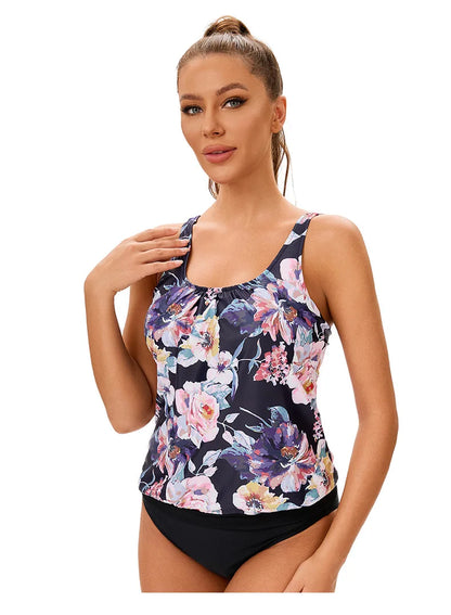 Flower Print Women's Tankini 2 Piece Sports Vest Swimsuit U-Neck Conservative Swimwear Bathers