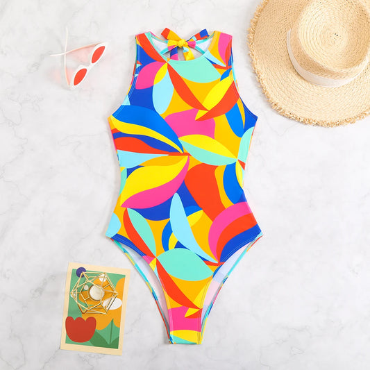 Color Block Swimsuit One Piece Backless Printed Swimwear Women Bathers Bathing Swimming Swim Suit Padded Beachwear Summer