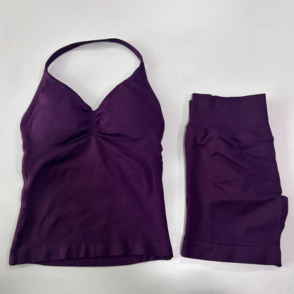 2Pcs Gym Set Women Backless Tank Tops High Waist Scrunch Seamless Shorts Gym Suit Fitness Clothes Activewear Workout Set