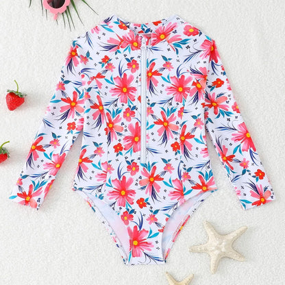Print Girls One Piece Swimsuit 4-7 Year Kids Swim Suit Toddlers Children's Swimwear Long Sleeve Surfing Bathing Suits Beach