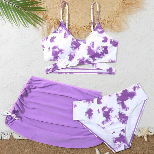 3 Pieces Tie Dye Print Bikini  Girls Swimsuit with Skirt Kids Swimwear Female Bathers Bathing Swimming Swim Suit Beachwear