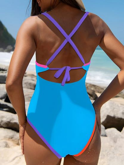 V-neck Strappy Swimsuit Women One Piece Solid Back Cross Swimwear Female Bathers Bathing Swimming Swim Suit Beachwear XXL
