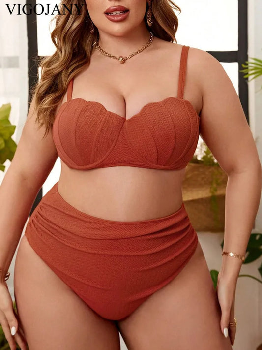 Solid 2 Piece Plus Size Bikini Set Women Strapped Push Up Large Big Swimsuit High Waist Bathing Suit