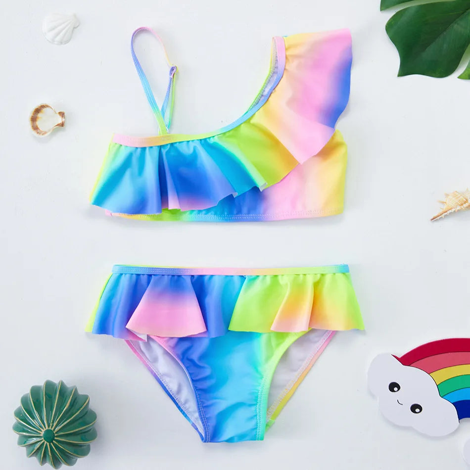 UV Baby Girls Swimsuit Two Piece Swimming Bikinis Ruffles Beach Bathing Suit Tops Shorts Kids Swimwear for Girls 2-10 Years