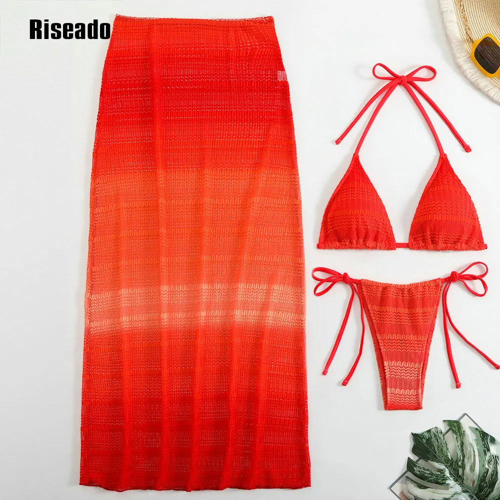 Women's Halter Neck Cut Out 3 Pieces Swimwear Sexy Bikini Set with Mesh Maxi Skirt ,Pool Party Outfit