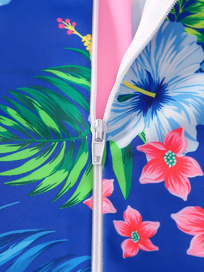 One-Piece Swimwear Girl Swimming Suit Kids Long Sleeve All-Over Plants Floral Print Blue Swimsuit Beach Pool Play Water Top
