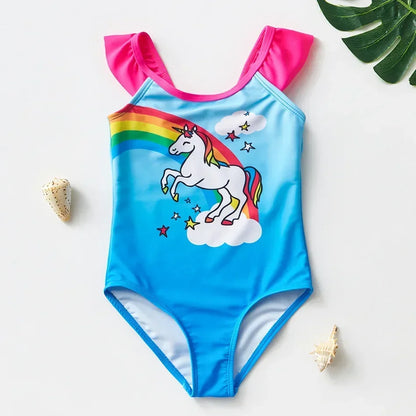Girls One Piece Swimsuits Rainbow Print Backless Swimwear for Children Summer Kids Bathing Suits Bikinis 2-8 Years Children