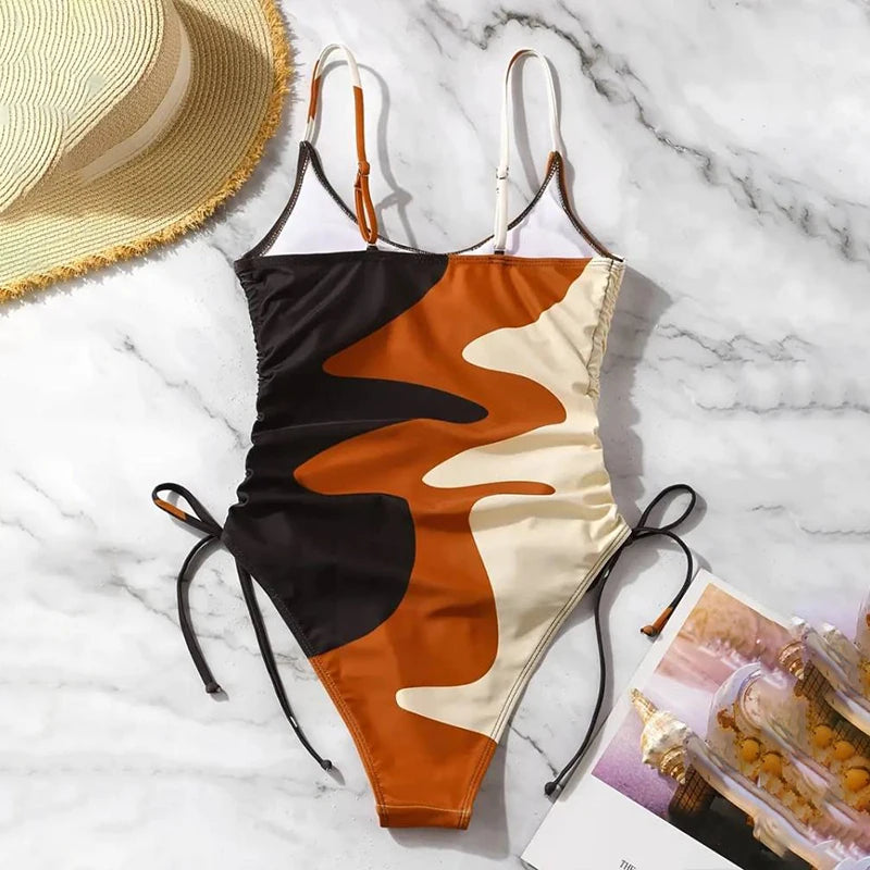 Block Color One Piece Swimsuit Drawstring Halter Swimwear Women High Waist Bathing Suit Backless Monokini