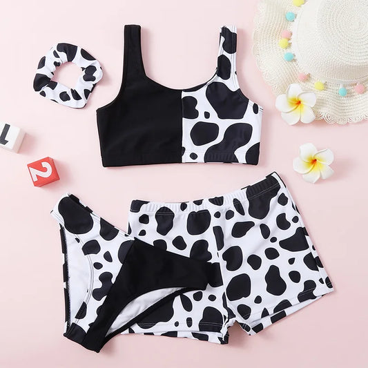 Girls 3 piece Cow Print Bikini with Cover Shorts Swimsuit Kids 7-12 Years Children's Swimwear Colorblock Bathing Suits Teens