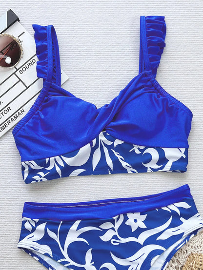 Blue Floral Patchwork Design Bikini Women High Waist Push UP Swimsuit Summer Backless Swimwear Summer Beach Lady Bathing Suit