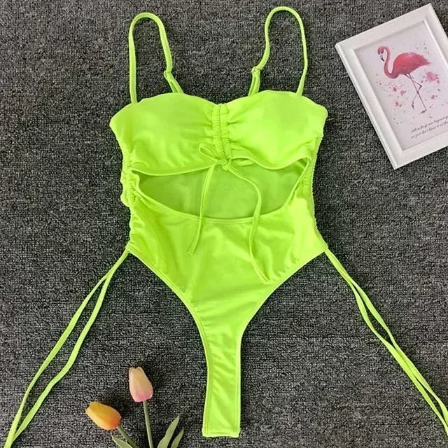 Splicing High Cut Out One Piece Swimsuit Women Tassel Swimwear Female Bathing Suit String Leopard Bikini Monokini Lady