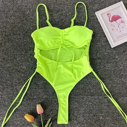 Splicing High Cut Out One Piece Swimsuit Women Tassel Swimwear Female Bathing Suit String Leopard Bikini Monokini Lady