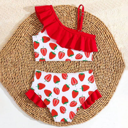 Ruffle Baby Girls Bikini Swimsuit Cute Princess Strawberry Print Beachwear Adjustable Children Bathing Suit