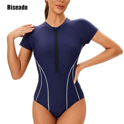 Riseado One-pieces Swimsuits Women Beachwear Short Sleeve Navy Sports Swimwear for Summer Surfing Swimming