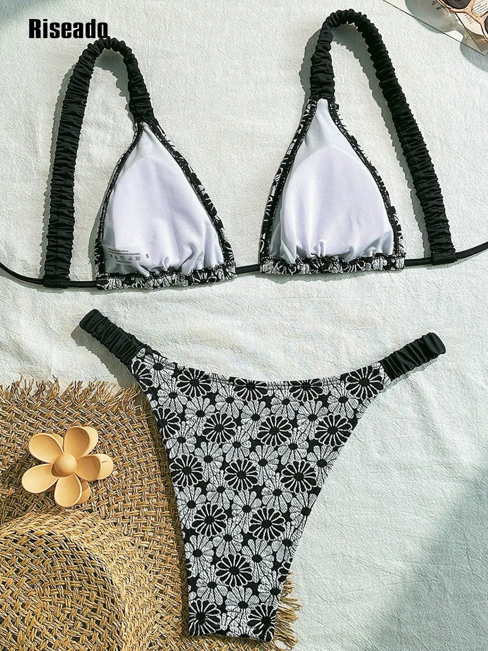 Riseado Thong Bikini Sets for Woman Micro Two Piece Embroidery High Cut Bathing Suits Tie Back Beach Fashion