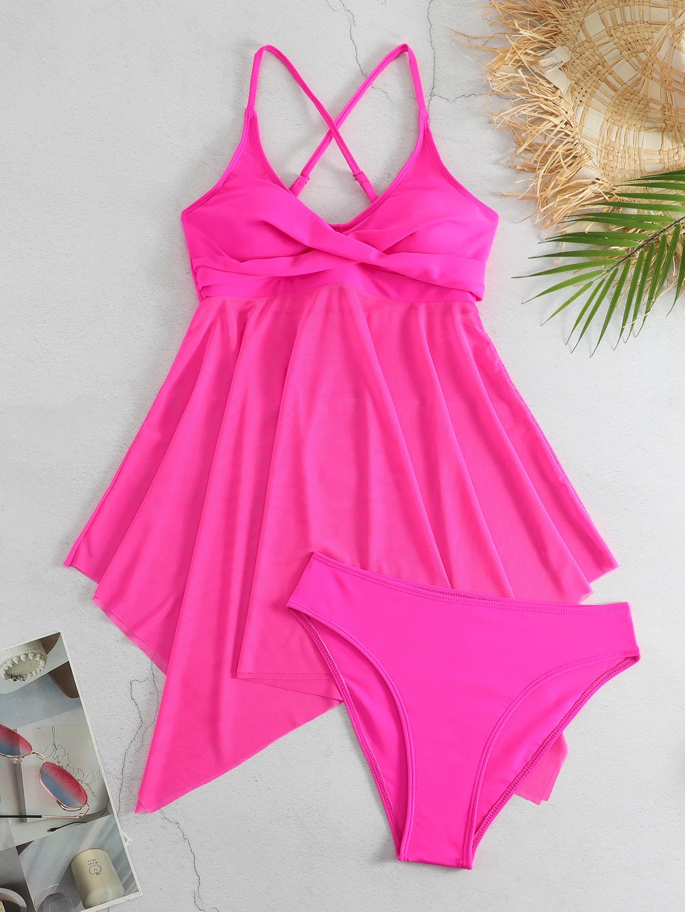 VigoCasey Solid Strapped Swimwear Women Mesh Patchwork Tankini Set Backless Push Up Swimsuit Summer Beach Bathing Suit