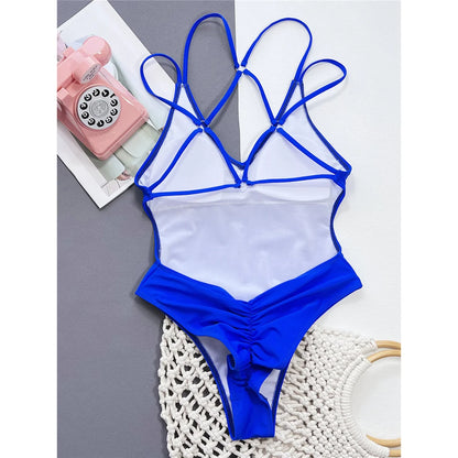 S - XL V Neck Cross Back Scrunch Butt Women Swimwear One Piece Swimsuit Female Monokini High Cut Bather Bathing Suit Swim V4550