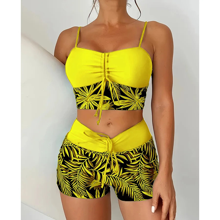 Women Summer Beach Drawstring Tropical Plant Printed Shorts Bikini Set, Random Print