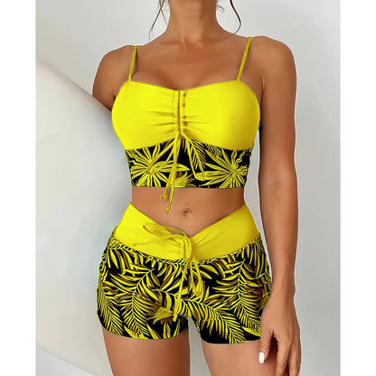 Women Summer Beach Drawstring Tropical Plant Printed Shorts Bikini Set, Random Print