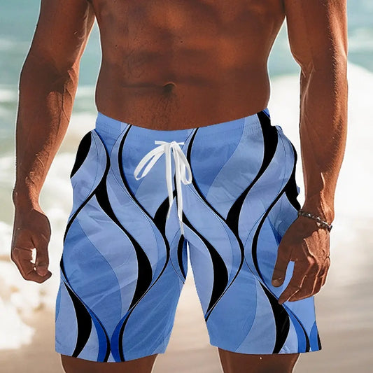 Men's Hawaiian swimming trunks 3D simple line printing shorts quick-drying outdoor leisure sports shorts fashionable men's short