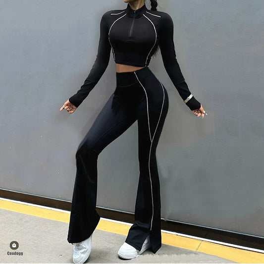 2Pcs Women Yoga Suit Tight Fitting Sports Set Workout Breathable Fitness Bra Gym Long Sleeve Crop Top Bell-bottoms Leggings