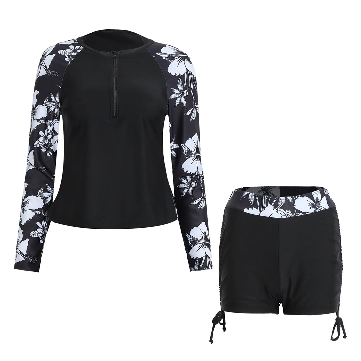 Womens Swimwear Athletic Swim Sets Print Long Sleeve Half Zipper Wireless Chest Pads Top with Side Drawstring Shorts Swimsuit