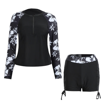 Womens Swimwear Athletic Swim Sets Print Long Sleeve Half Zipper Wireless Chest Pads Top with Side Drawstring Shorts Swimsuit