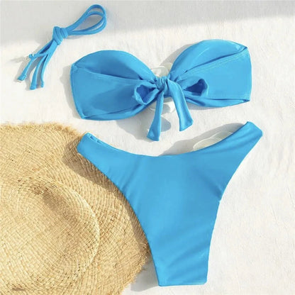 Flower Bandeau Swimwear Thong Bikini Women Lace-up Swimsuits Swimming Bathing Suit Brazilian Bikinis Set
