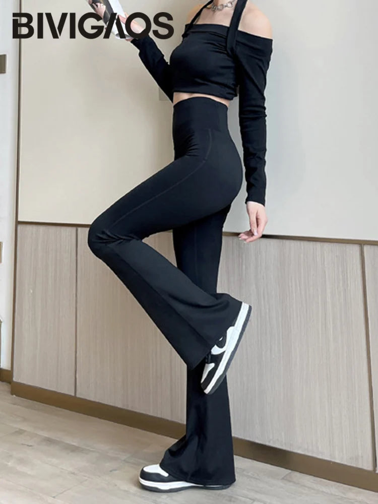 Fashion Back Pocket Shark Flared Pants Women Tight-Fit Slim High Waist Pants Push Up Sport Fitness Flare Leggings