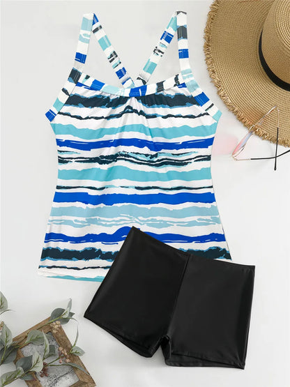 Print High Waist Swimsuit Ring Link Two Piece Tankini Swimwear Female Padded Beachwear Bathers Bathing Swimming Suit