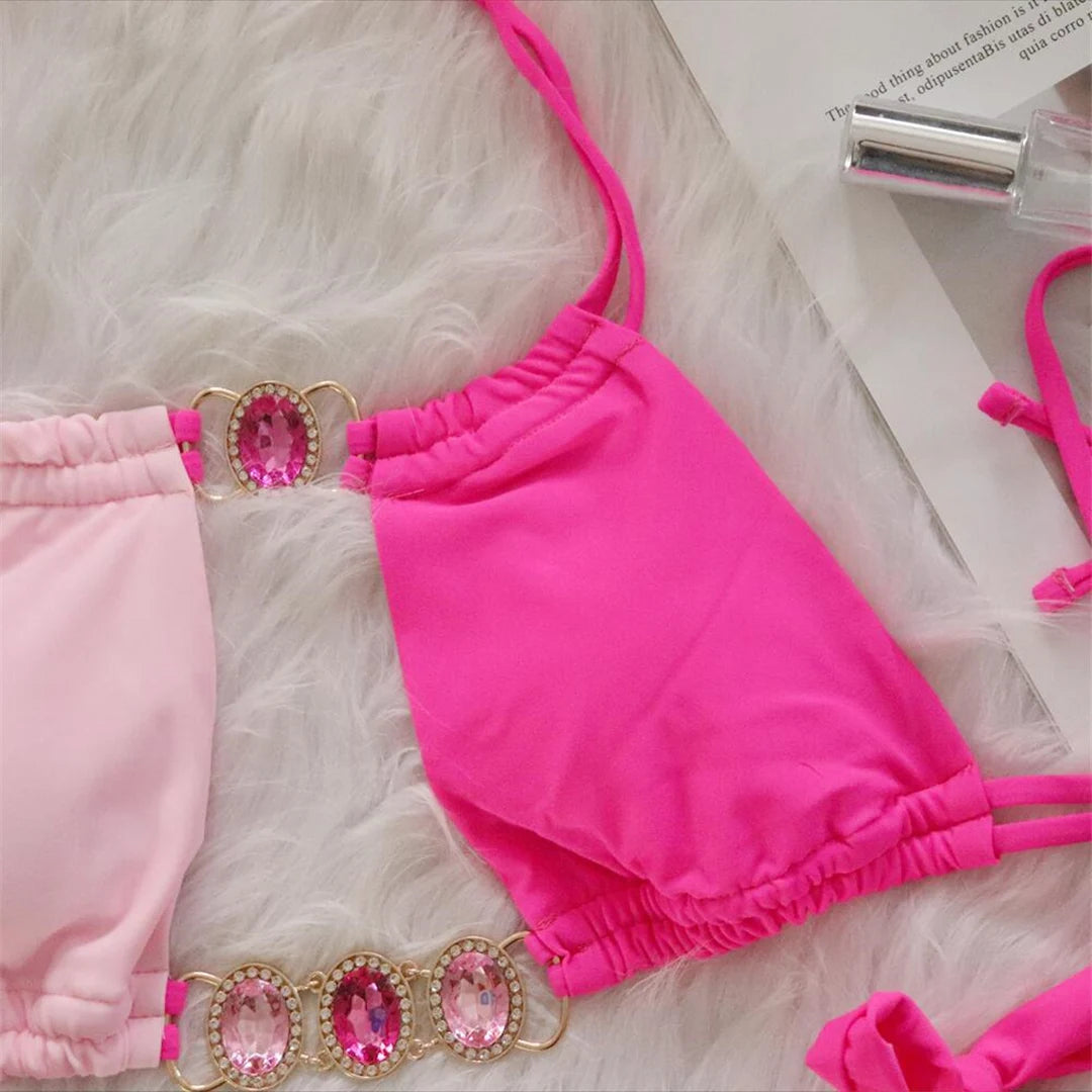 8 Colors Diamond Rhinestones Splicing Bikini Women Swimwear Female Swimsuit Two-pieces Bikini set Bather Bathing Suit Swim