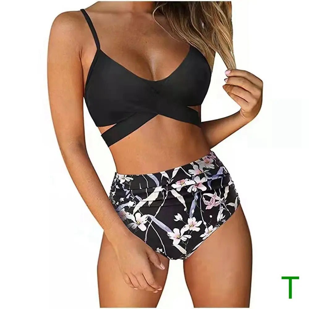 Bikini Two Piece Suit Cross Front Slim High Waisted Bottom Solid/Print Breathable Quick Drying Beachwear