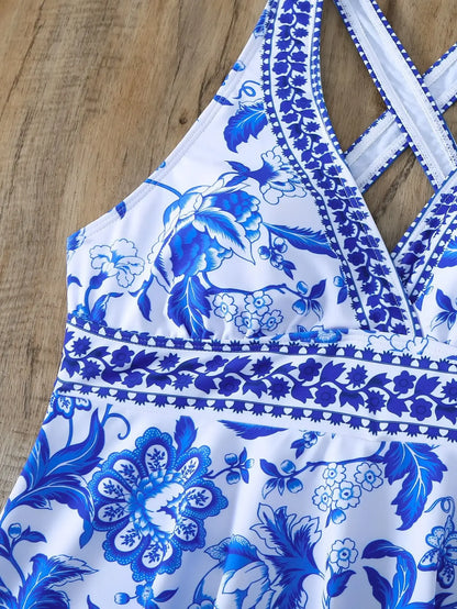 Summer Two Pieces Swimsuit Vintage Floral Print Swimwear Female Tankini Sets Deep V Beach Wear Women Swimming Bathing Suit