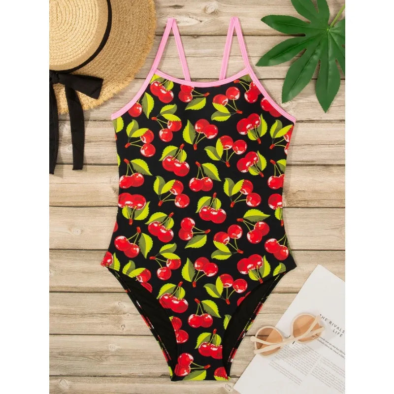 Women's Athletic One-piece Swimsuit Korean Version of the Nylon Fruit Print Slim and Thin Strap Halter Spa Swimwear Bathers Pool Squad