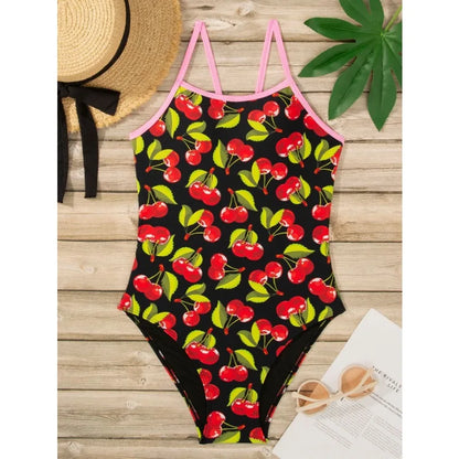 Women's Athletic One-piece Swimsuit Korean Version of the Nylon Fruit Print Slim and Thin Strap Halter Spa Swimwear Bathers Pool Squad